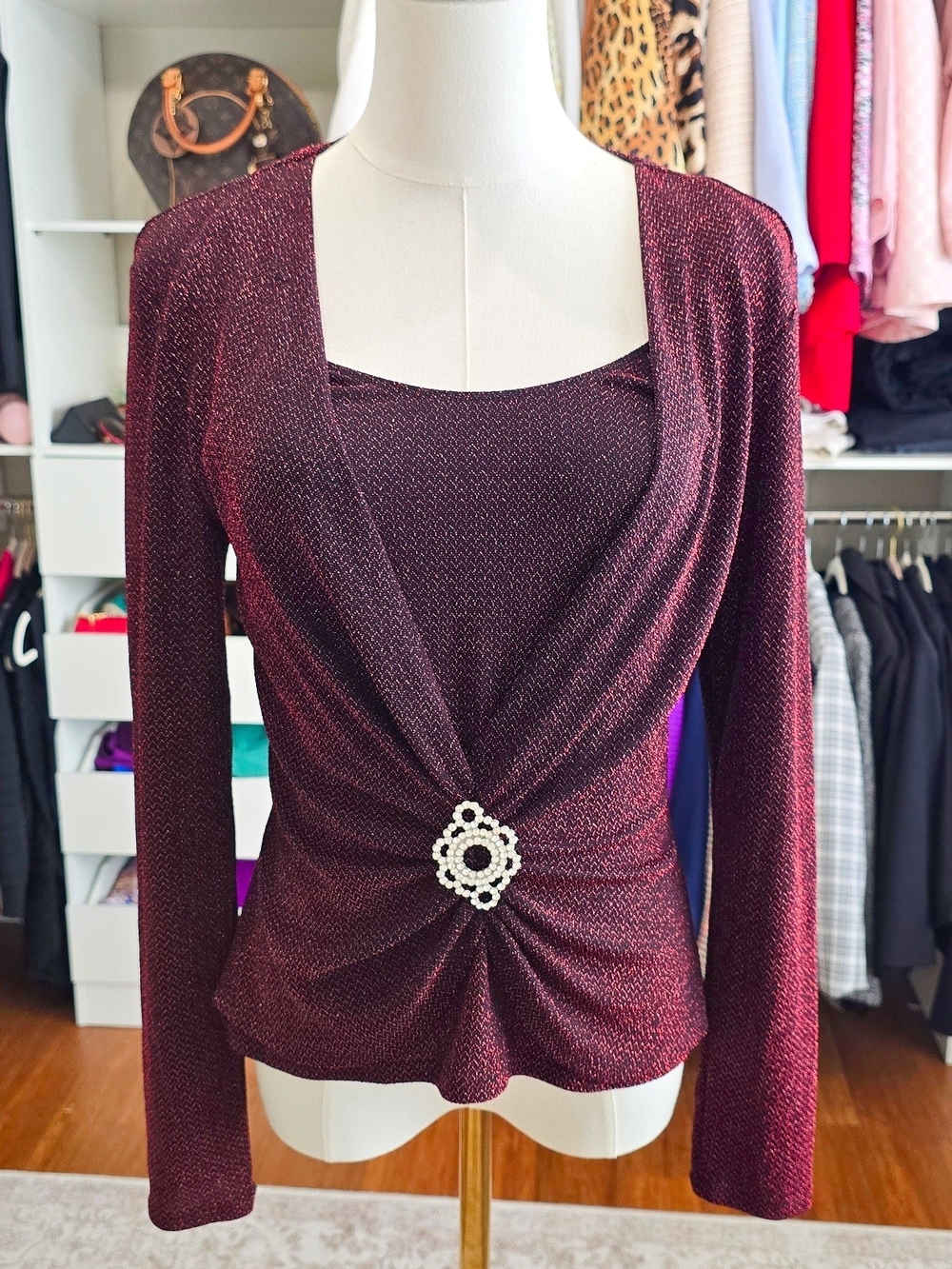Blue Sage Elegant Women's Metallic Burgundy Twist-Front Top with Brooch Size S